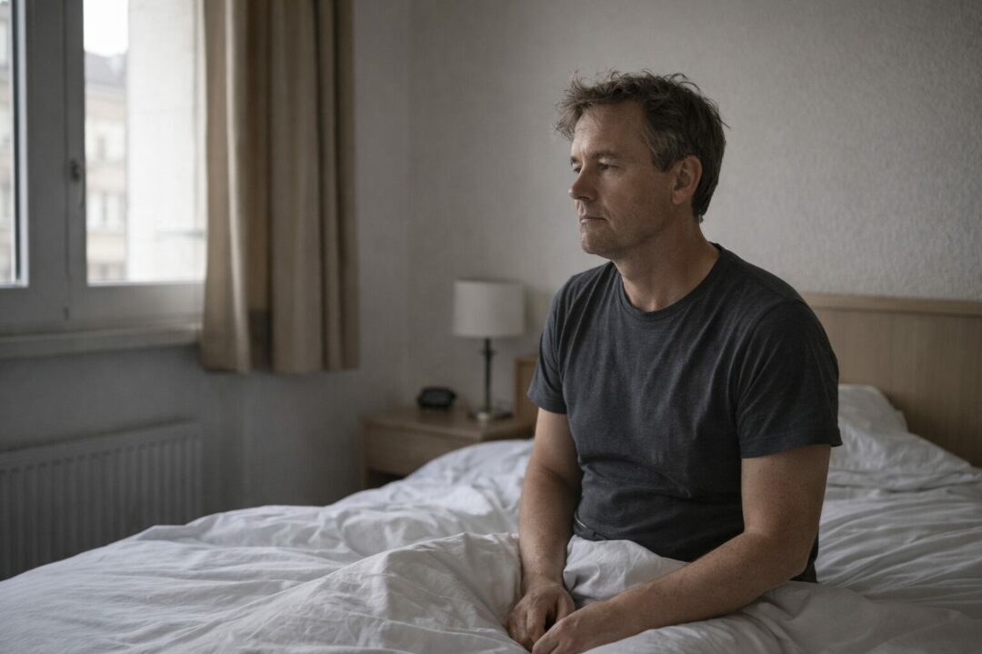 Repos présent mais récupération insuffisante — Neuchâtel Personne adulte assise au réveil dans un intérieur simple à Neuchâtel, posture calme mais tenue, illustrant un repos sans récupération réelle