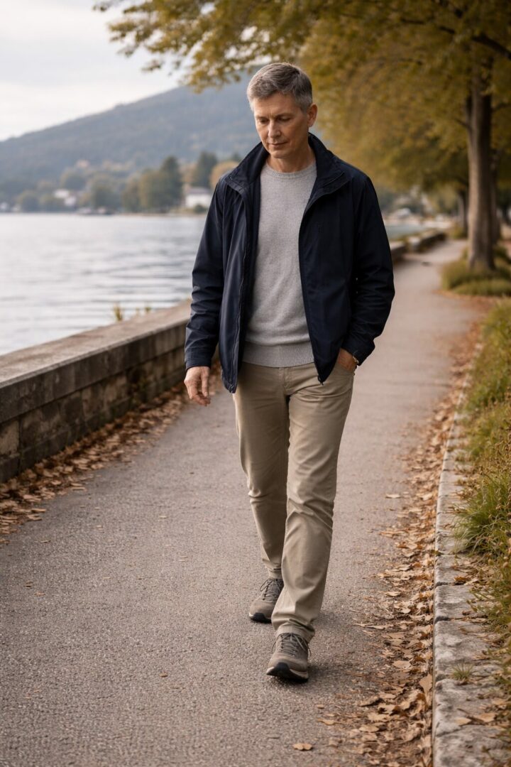 Reprendre une activité physique à Neuchâtel avec un cadre adapté Homme adulte marchant calmement au bord du lac à Neuchâtel, illustrant une reprise d’activité physique progressive avec un cadre adapté.
