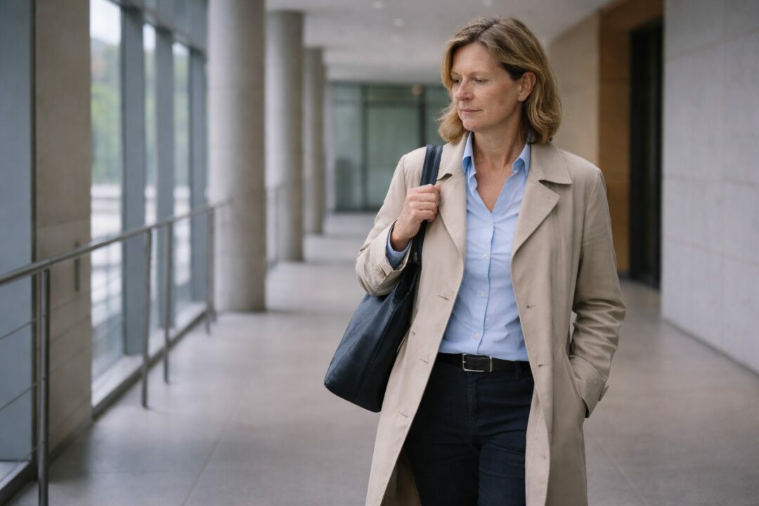 ersonne adulte en reprise professionnelle marchant lentement dans un bâtiment administratif à Neuchâtel, posture prudente et contenue, sans signe de fatigue visible