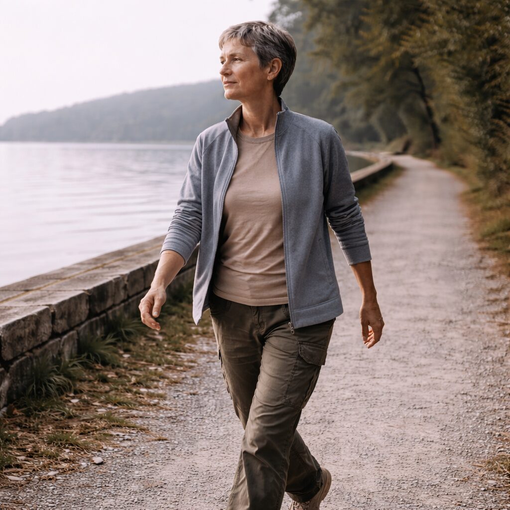 Personne marchant calmement au bord du lac à Neuchâtel, illustrant une amélioration de l’aisance corporelle et de l’énergie