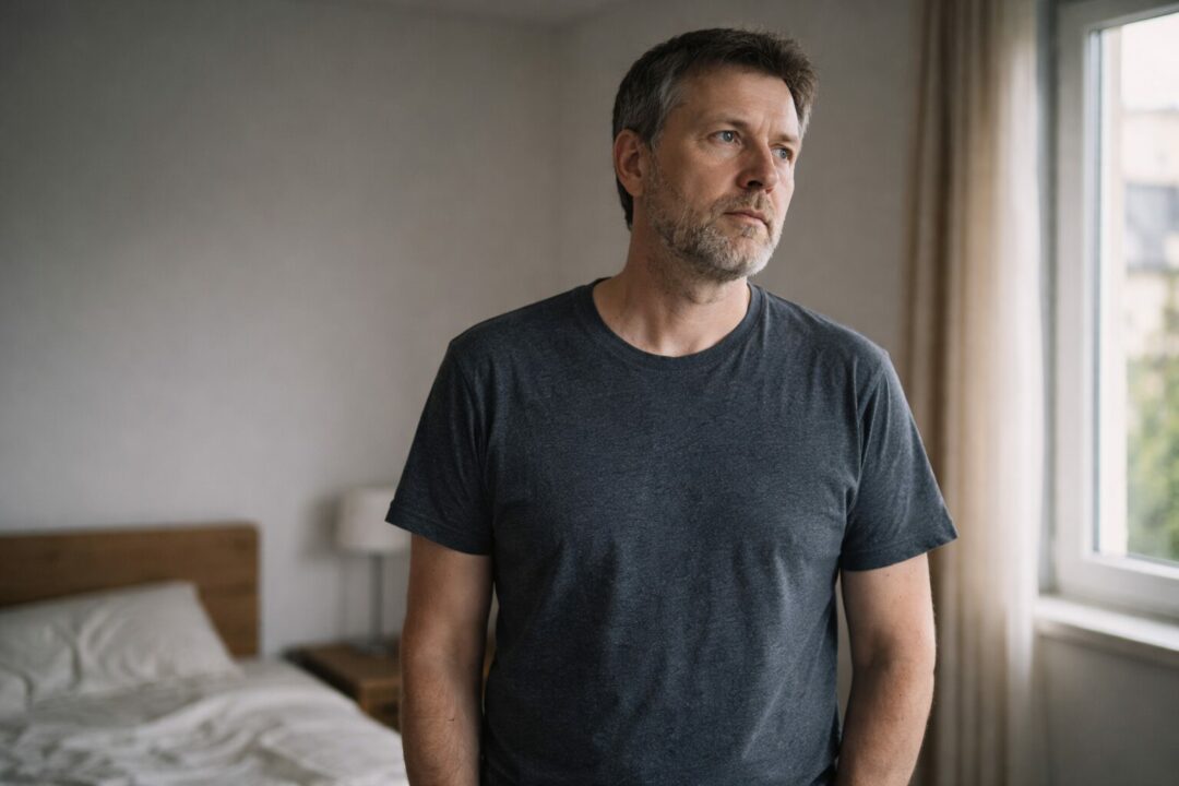 Personne adulte au réveil, fatigue discrète, lumière naturelle, intérieur sobre à Neuchâtel