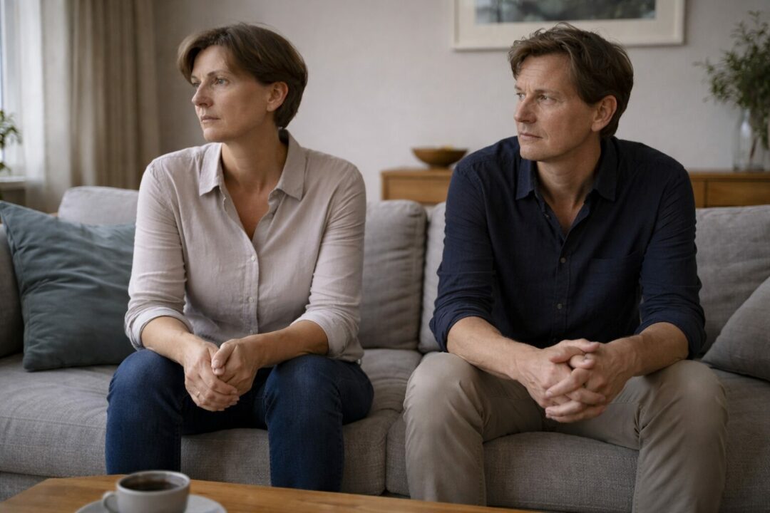 Deux adultes assis côte à côte dans un intérieur calme à Neuchâtel, proximité présente mais regards détournés, illustrant une tension relationnelle progressive sans conflit visible