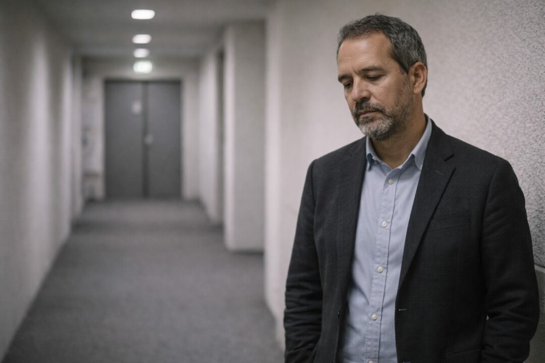 Homme adulte immobile dans un environnement professionnel neutre, posture droite et contenue, suggérant une continuité fonctionnelle malgré une usure intérieure discrète.