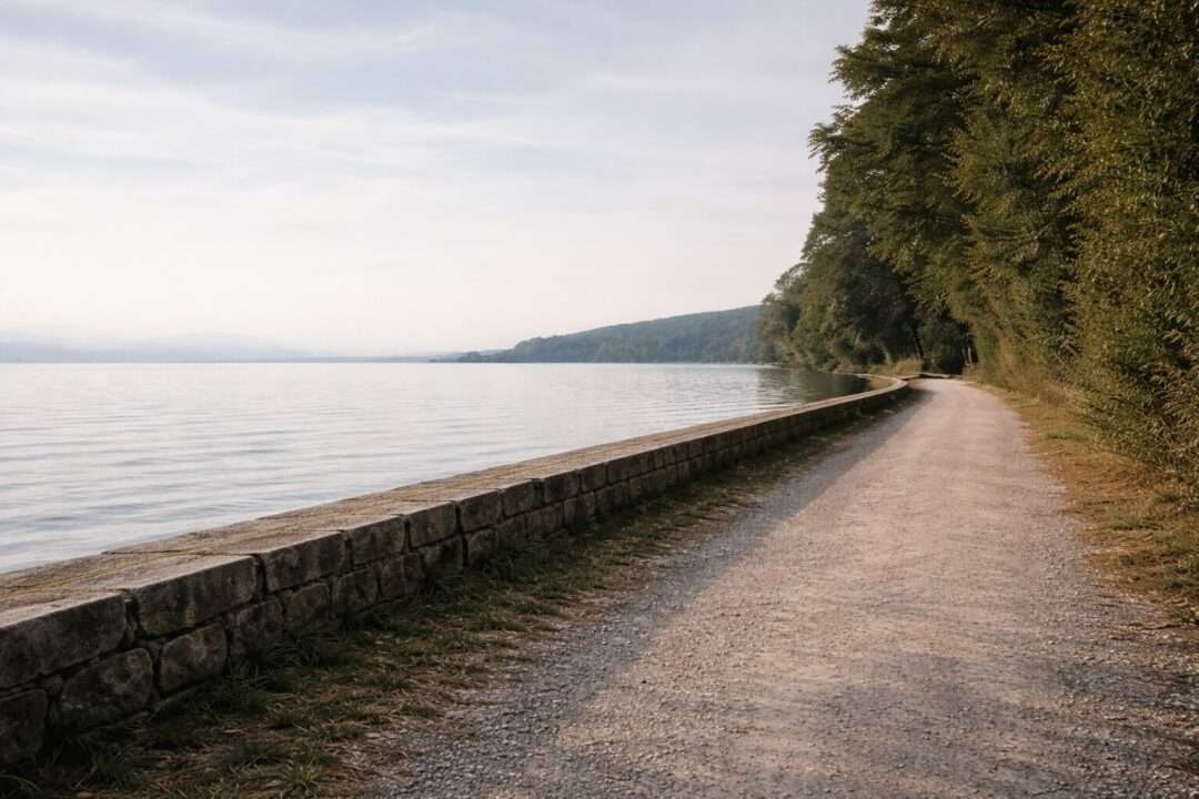 Chemin au bord du lac de Neuchâtel avec muret illustrant des tensions corporelles qui reviennent dans la durée