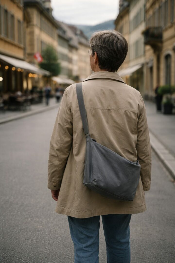 Personne adulte vue de dos marchant calmement dans une rue de Neuchâtel, illustrant l’arrêt de Wegovy et la peur de reprendre du poids