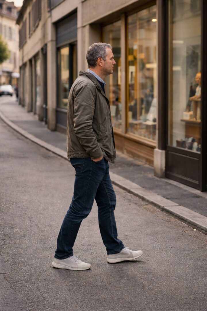 Homme adulte marchant calmement dans une rue de Neuchâtel, illustrant une démarche de perte de poids avec un coach sportif en accompagnement individuel