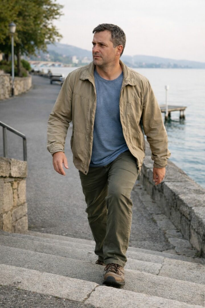 Homme adulte montant quelques marches au bord du lac de Neuchâtel, illustrant une remise en forme progressive par le mouvement du quotidien.