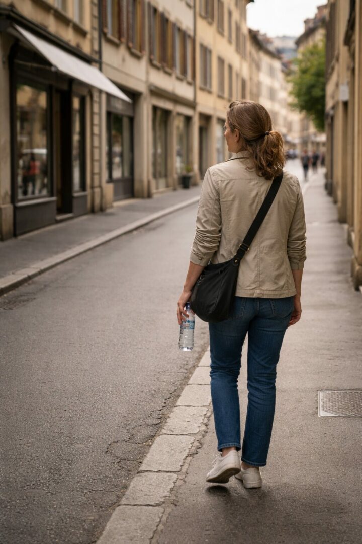 Femme marchant seule dans une rue de Neuchâtel, illustrant une marche régulière sans perte de poids