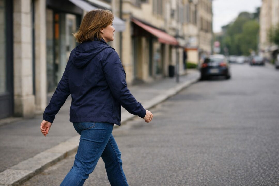 Femme marchant d’un pas engagé dans une rue de Neuchâtel, illustrant une reprise progressive dans une démarche de perte de poids.