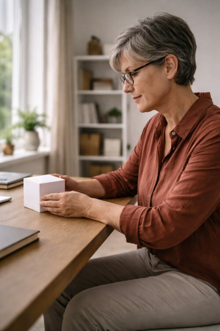 Femme adulte en intérieur, assise à une table avec un document neutre, illustrant la réflexion autour d’une piqûre pour maigrir