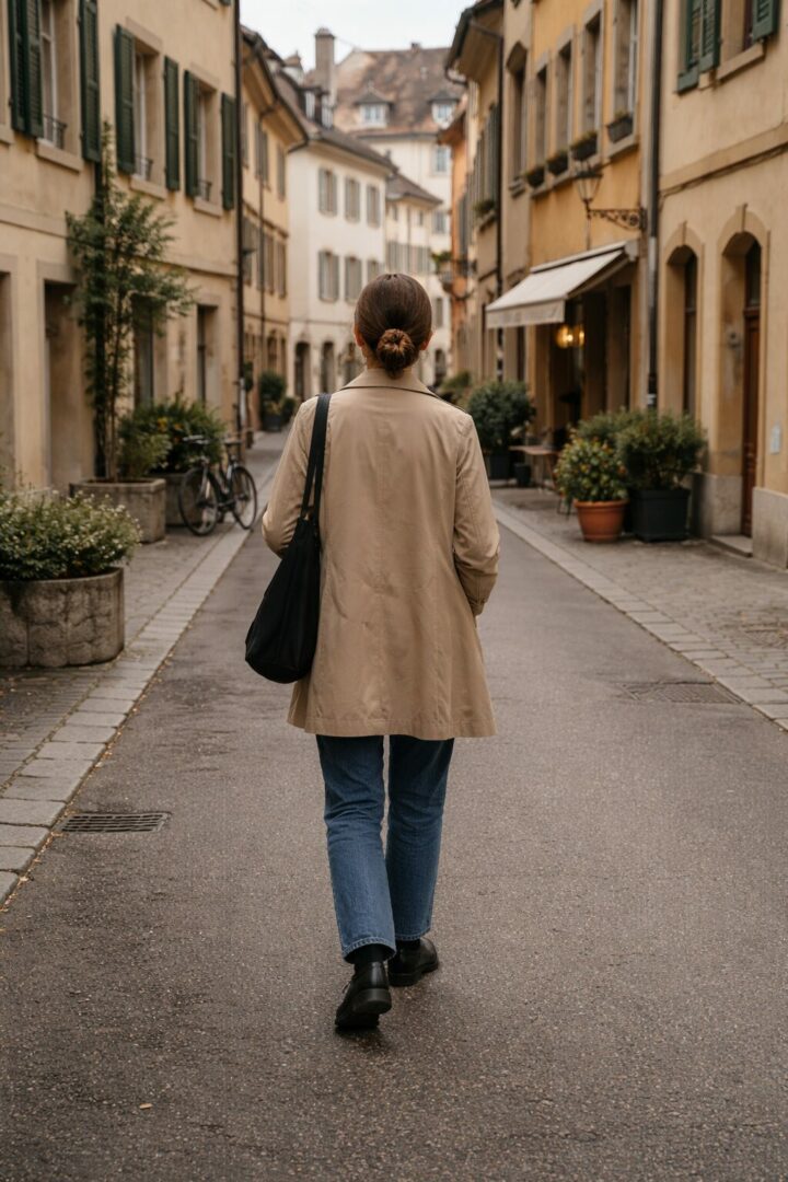 Personne adulte de dos marchant calmement dans une rue de Neuchâtel, moment de réflexion sur le rapport au poids