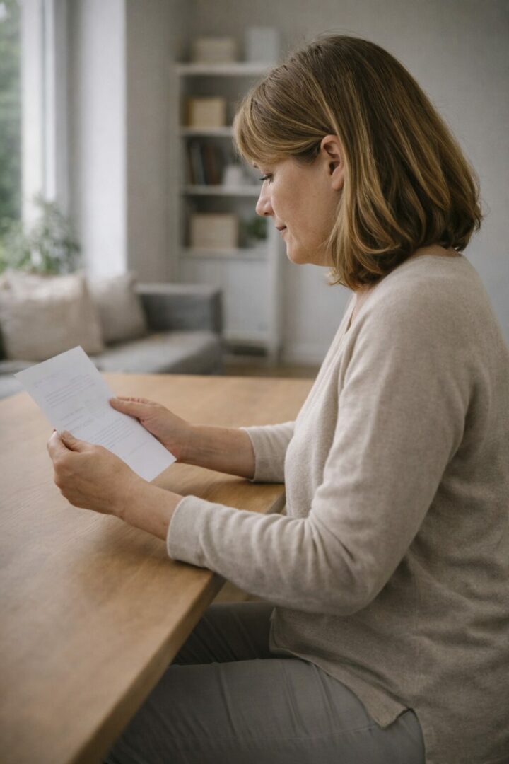 Femme adulte assise à une table, tenant un document, moment de réflexion intérieure avant de poser un cadre pour la perte de poids à Neuchâtel.