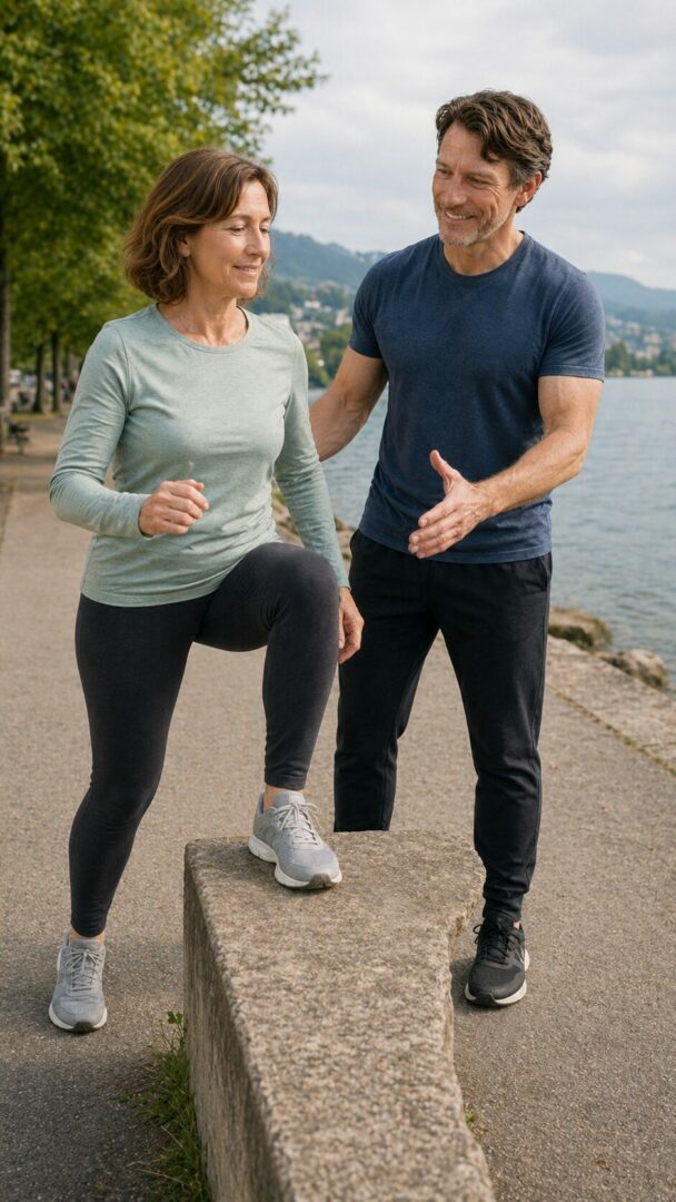 Coach sportif à Neuchâtel accompagnant une femme adulte lors d’une séance individuelle en extérieur au bord du lac