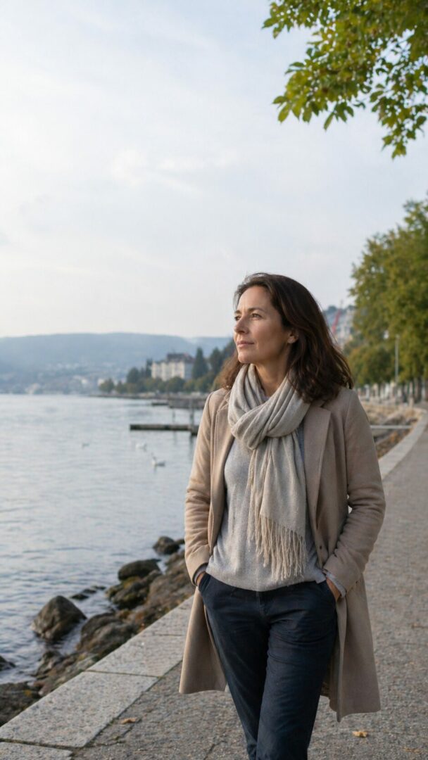 Femme adulte marchant au bord du lac de Neuchâtel, illustrant un besoin de calme, de recul et de récupération face au stress