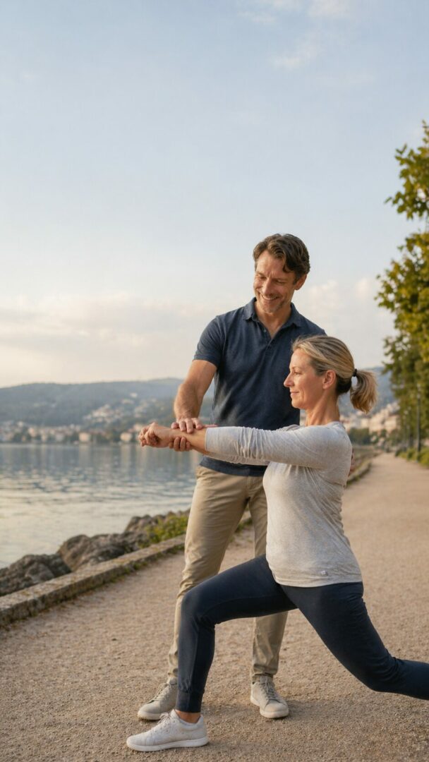 David Juncker accompagnant une femme adulte lors d’une séance individuelle en extérieur à Neuchâtel pour remettre le corps en mouvement.