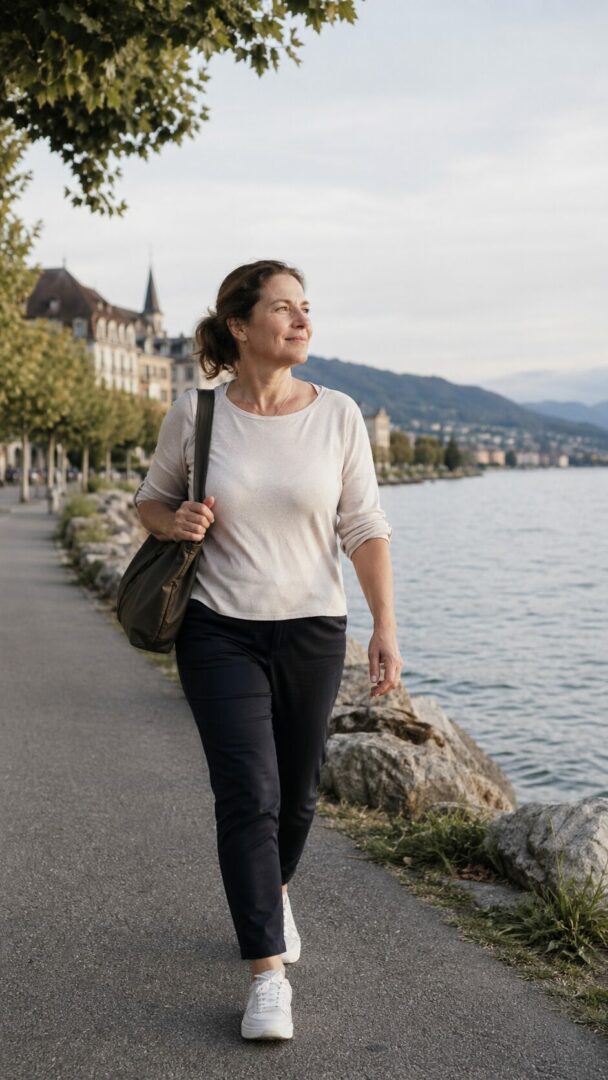 Femme adulte marchant au bord du lac de Neuchâtel, illustrant une démarche de perte de poids, de mouvement et de reprise en main