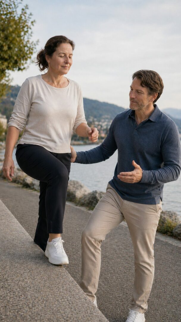 Séance individuelle de coaching perte de poids à Neuchâtel avec une femme accompagnée dans un exercice adapté au bord du lac