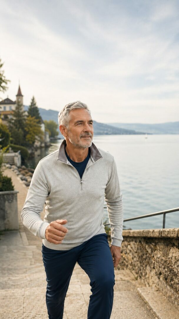 Homme montant des marches au bord du lac de Neuchâtel pour illustrer une remise en forme progressive, l’énergie et le mouvement