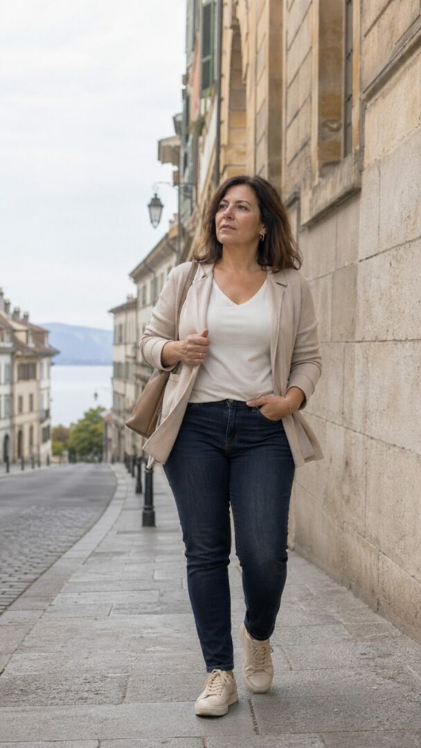Femme adulte marchant dans une rue de Neuchâtel, en réflexion sur sa perte de poids, sa silhouette et le besoin de reprendre un cadre clair.