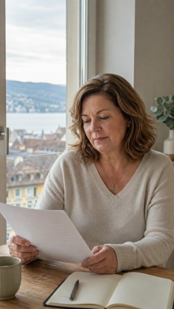 Femme adulte assise à une table à Neuchâtel, lisant un document et réfléchissant à une reprise de la perte de poids avec un cadre adapté à sa situation.
