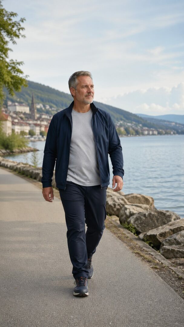 Homme adulte marchant calmement au bord du lac à Neuchâtel, illustrant une reprise progressive de l’activité physique avec un cadre adapté pour éviter les blessures.