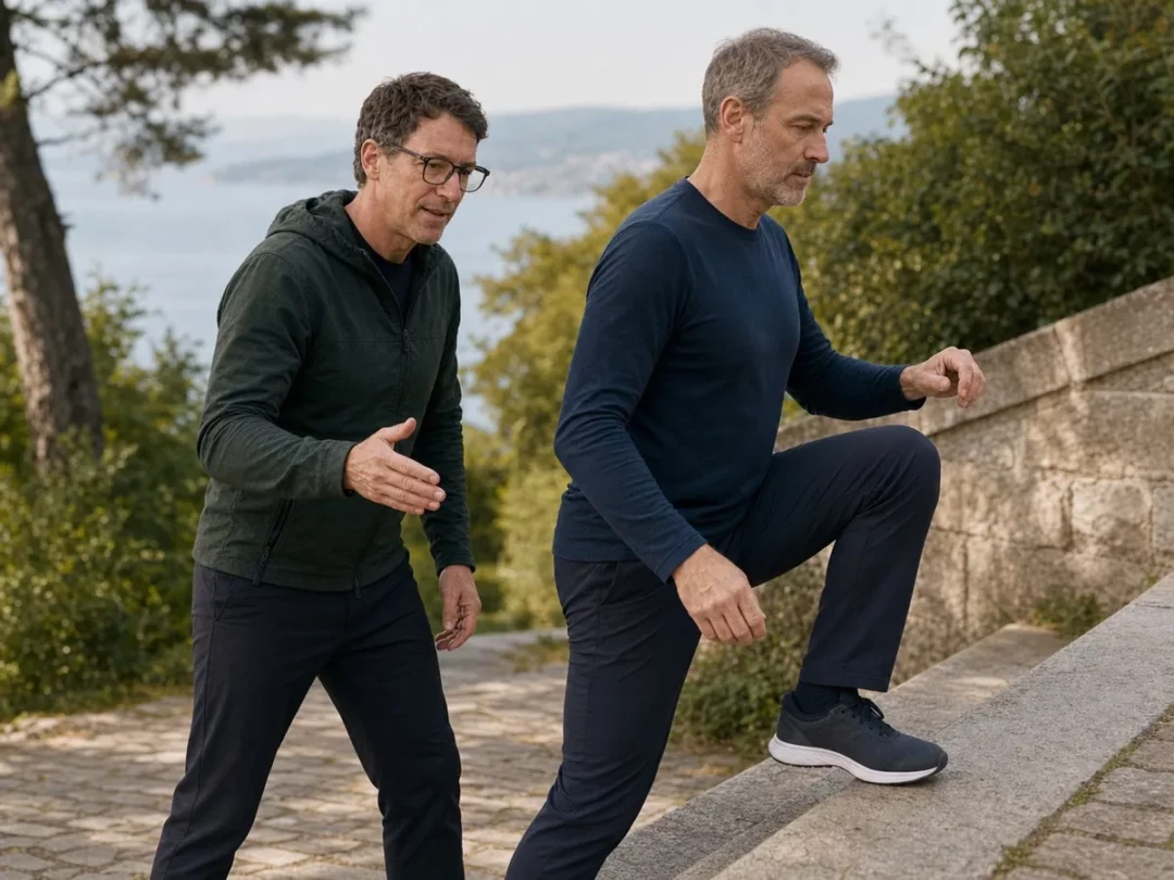 Observation du mouvement avec David Juncker à Neuchâtel David Juncker observe et guide un homme lors d’un exercice fonctionnel sur des marches à Neuchâtel.