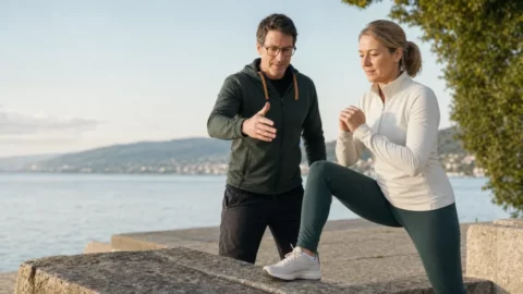 David Juncker accompagne une femme adulte pendant un exercice de renforcement au bord du lac de Neuchâtel.