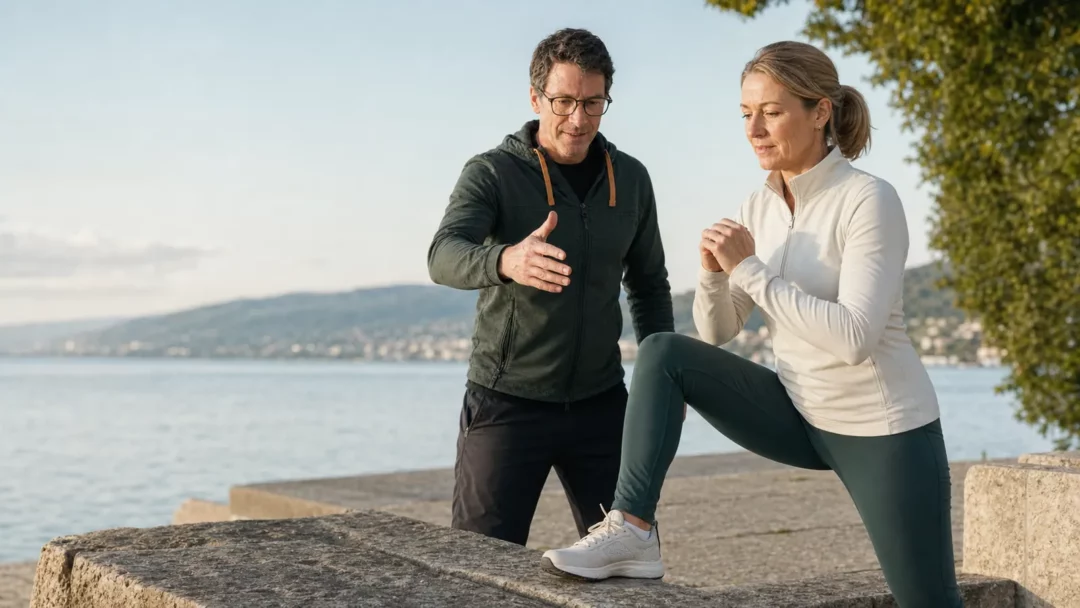 David Juncker accompagne une femme adulte pendant un exercice de renforcement au bord du lac de Neuchâtel.