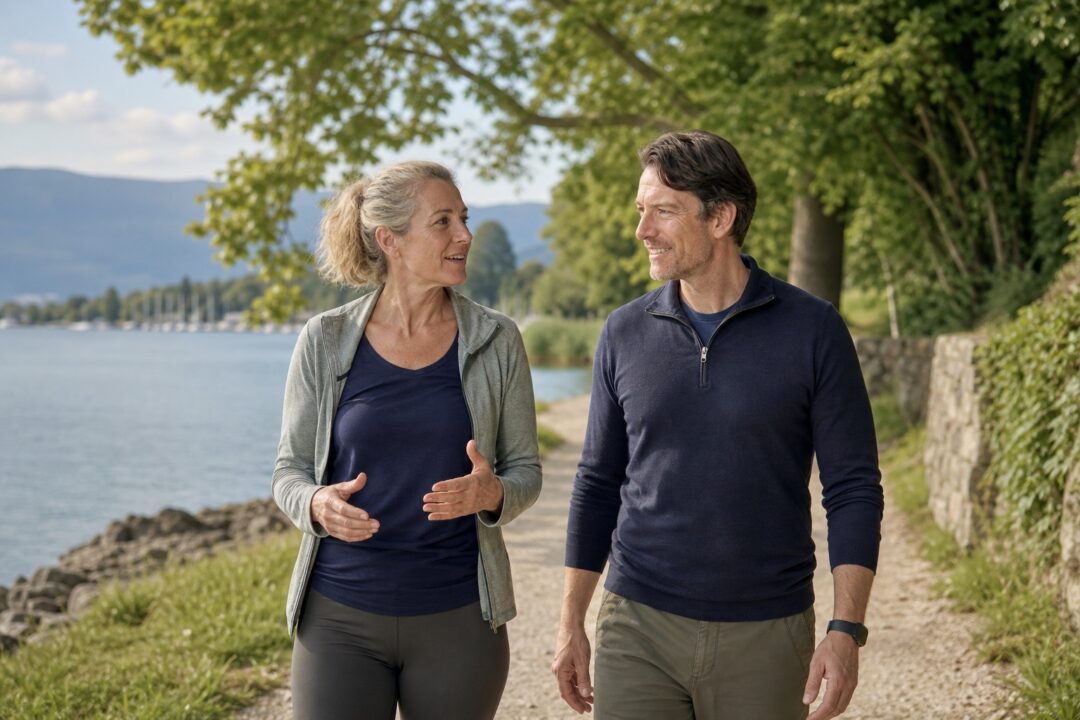 Illustration générée par IA de David Juncker marchant au bord du lac avec une cliente après une séance en extérieur.