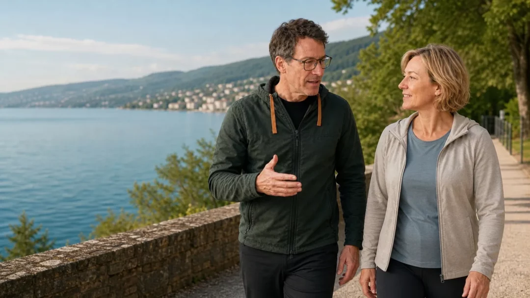 Coaching individuel à Neuchâtel avec David Juncker David Juncker marche au bord du lac de Neuchâtel avec une femme lors d’un accompagnement individuel.