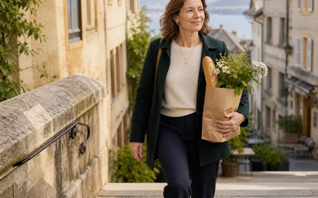 Femme marchant avec aisance dans les hauteurs de Neuchâtel, un sac de marché et des fleurs à la main.