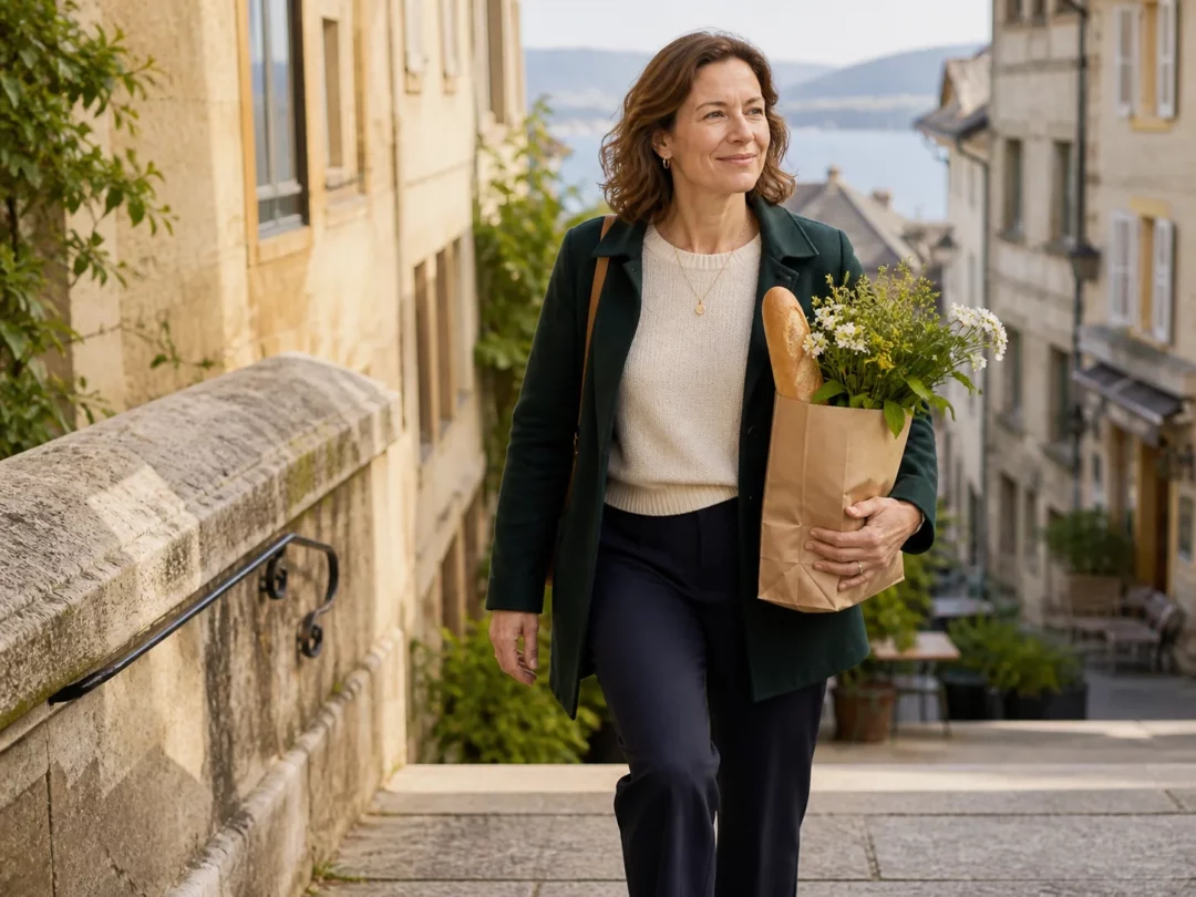 Femme marchant avec aisance dans les hauteurs de Neuchâtel, un sac de marché et des fleurs à la main.