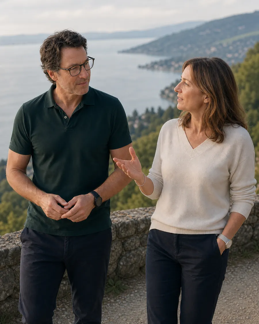 David Juncker écoute une femme adulte pendant un échange individuel au-dessus du lac de Neuchâtel.