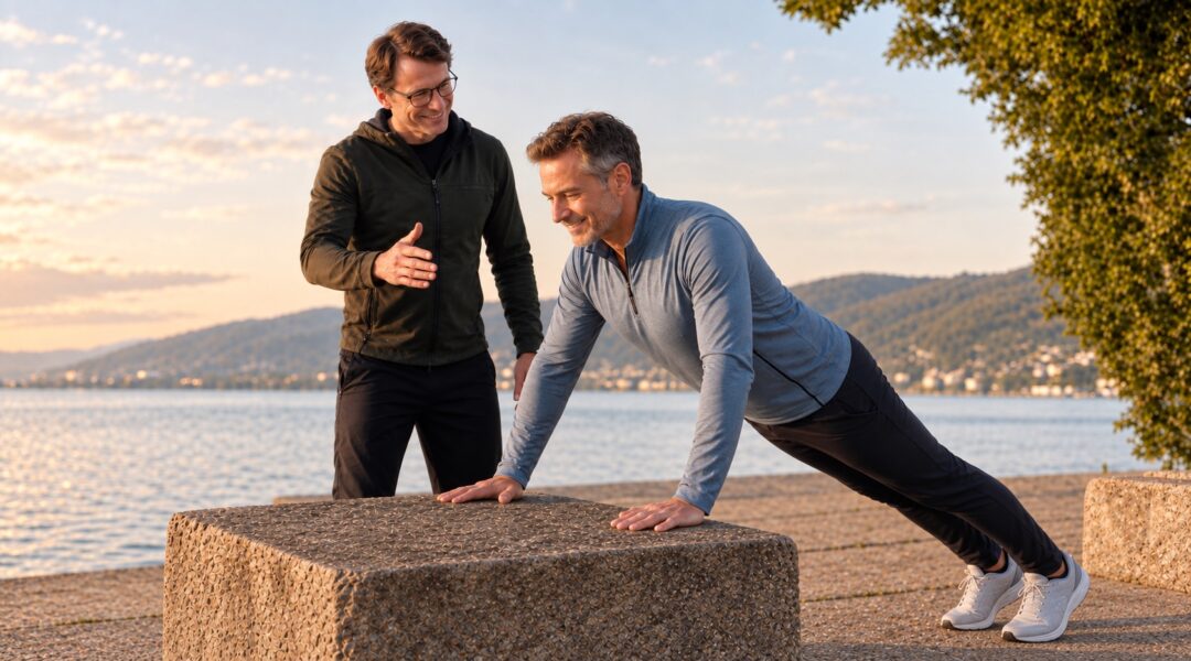 Illustration retouchée par IA : David accompagne un homme souriant pendant un exercice en extérieur.