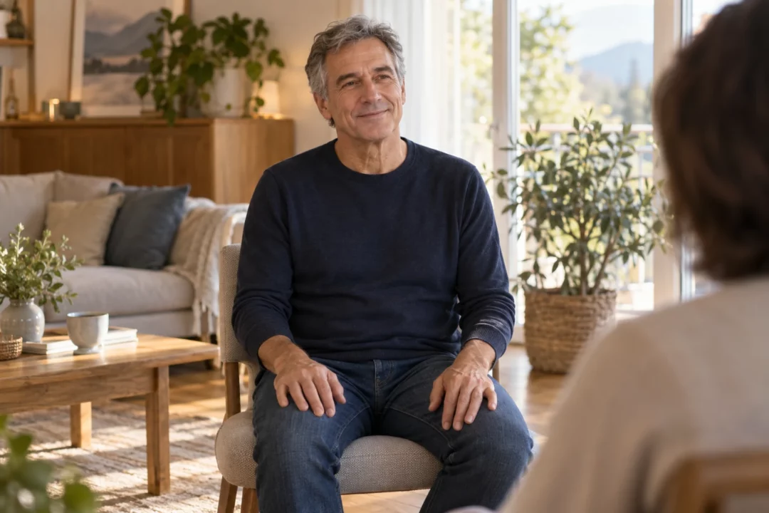 Illustration IA : un homme souriant prend un moment pour lui dans son salon.