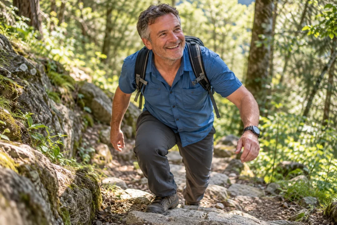 Homme souriant pendant une montée sur un sentier — scène fictive générée par IA.