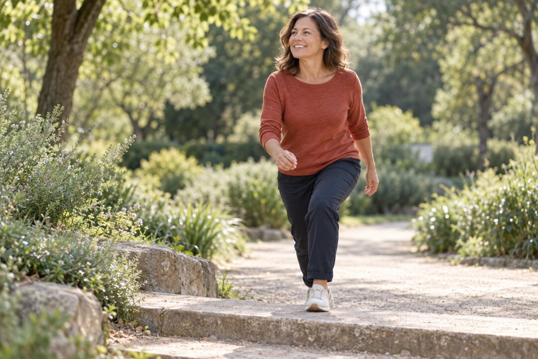 Une femme prend plaisir à bouger sur un chemin de parc. Illustration IA, personnage fictif.