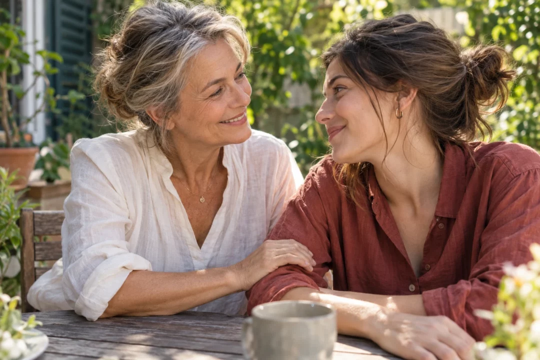 Deux femmes partageant un regard complice et un geste affectueux — scène fictive générée par IA.