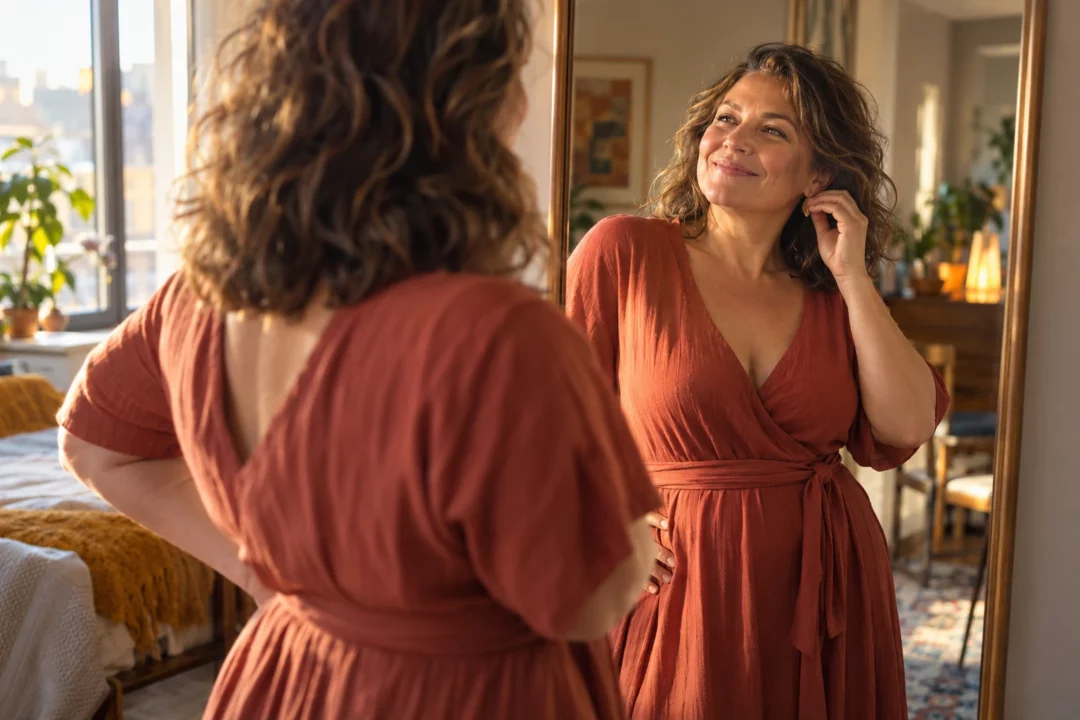 Femme souriant à son reflet en terminant de se préparer — scène fictive générée par IA.