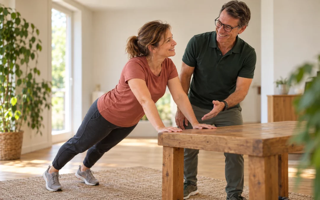 David guide une femme réalisant une pompe inclinée — illustration générée par IA, scène fictive.
