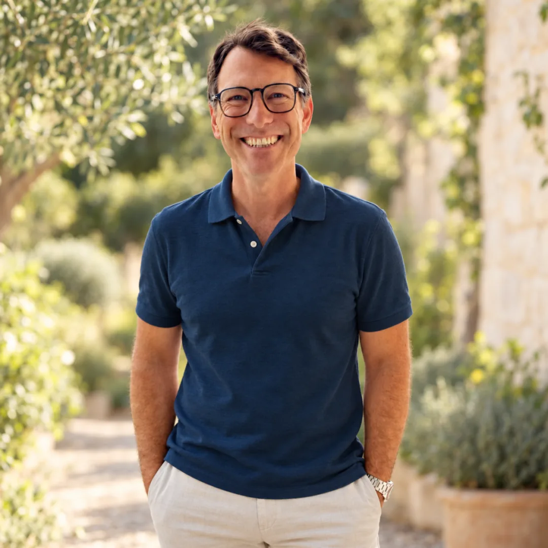David Juncker, souriant, en polo bleu ; tenue et fond retravaillés avec l’IA.