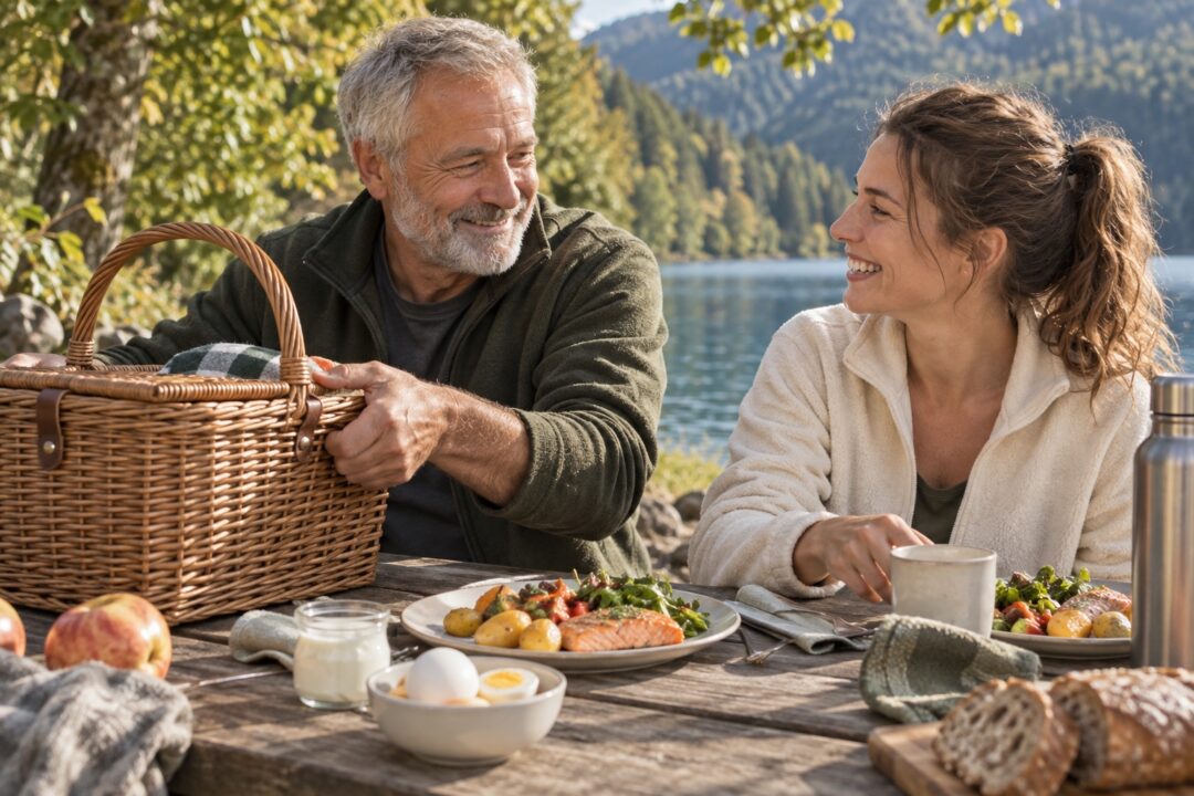 Deux adultes partagent un repas dehors ; un homme soulève un panier, près d’une assiette de poisson et de légumes. Illustration.